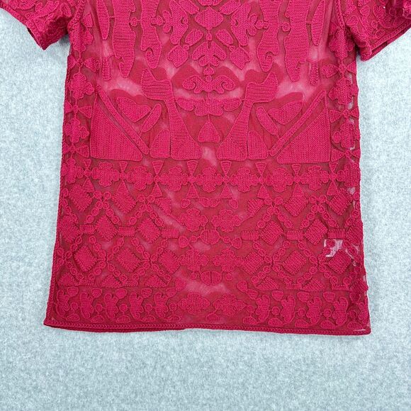 Everleigh Top Womens Small Maroon Red Lace Short Sleeve Sheer - Picture 3 of 8